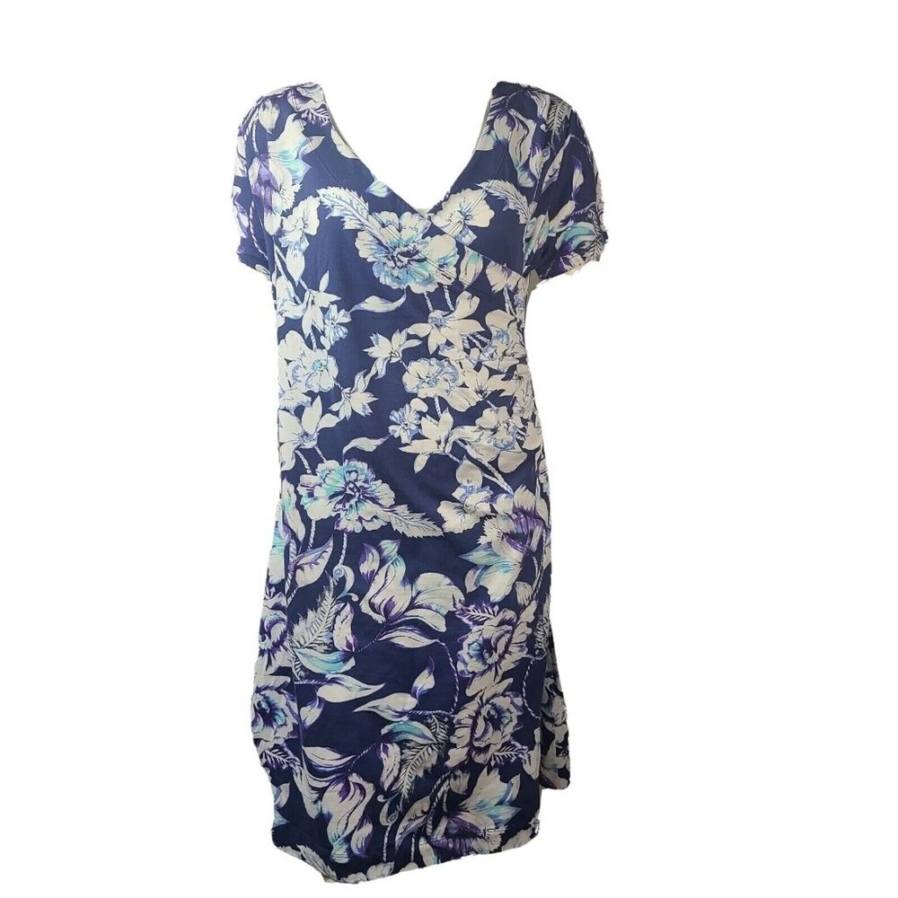 Soft‎ Surroundings Dress Size S Small Blue Floral Short Sleeve Shapely Anywhere